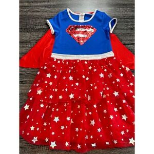 Girls Supergirl Costume Dress 10/12 Red Cape Tutu Skirt Sequin Logo DC Comics Ha